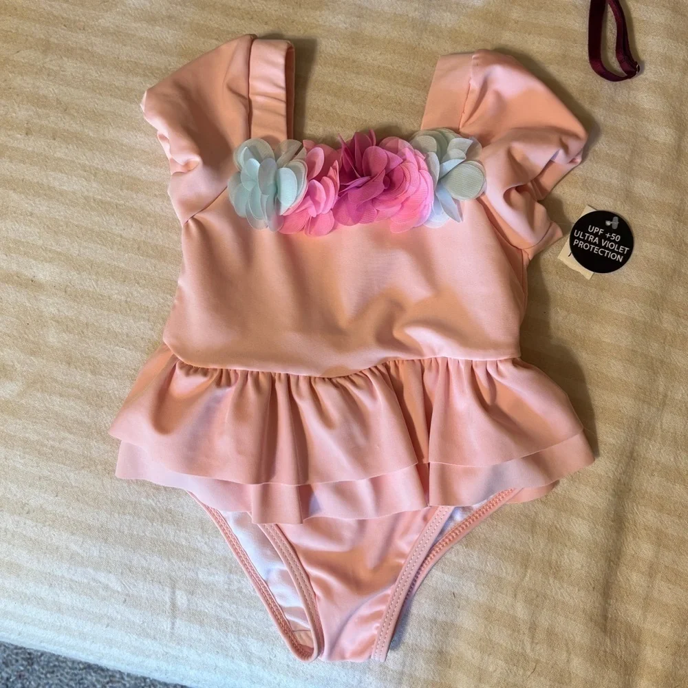 NWT Nicole Miller Toddler 2T Pink Ruffle Skirt Floral Poms One Piece Swimsuit